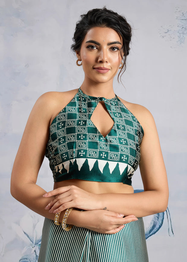 Antique Green Printed Satin Silk Saree