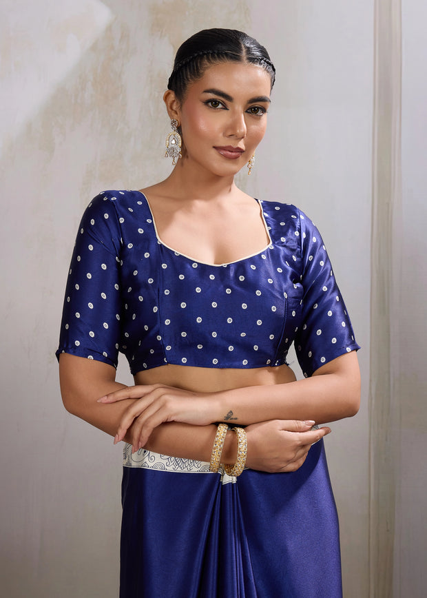 True Blue Printed Satin Silk Saree