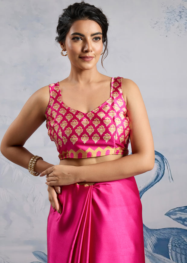 Magenta Pink Satin Silk Saree with Ajrakh Printed Pallu and Blouse