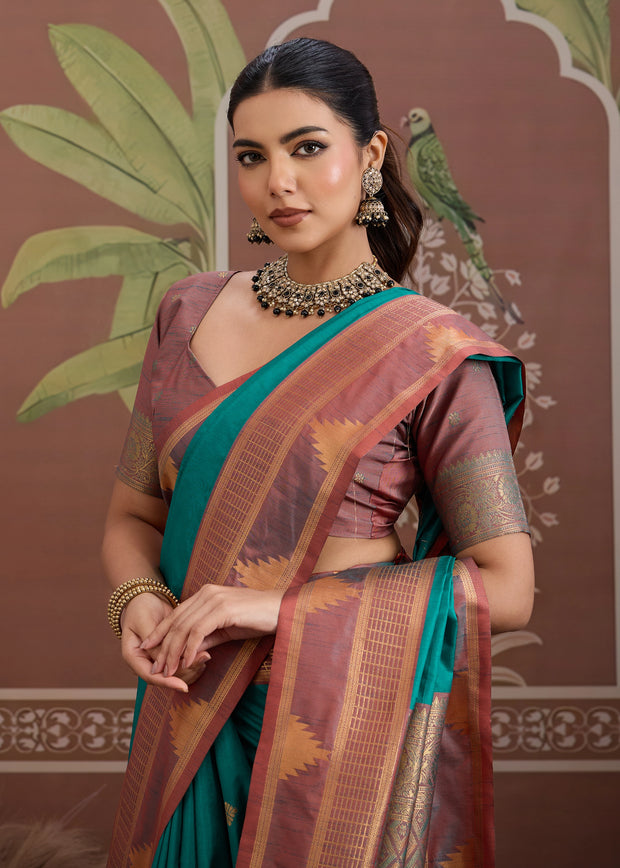 Sea Blue Woven Tussar Silk Saree