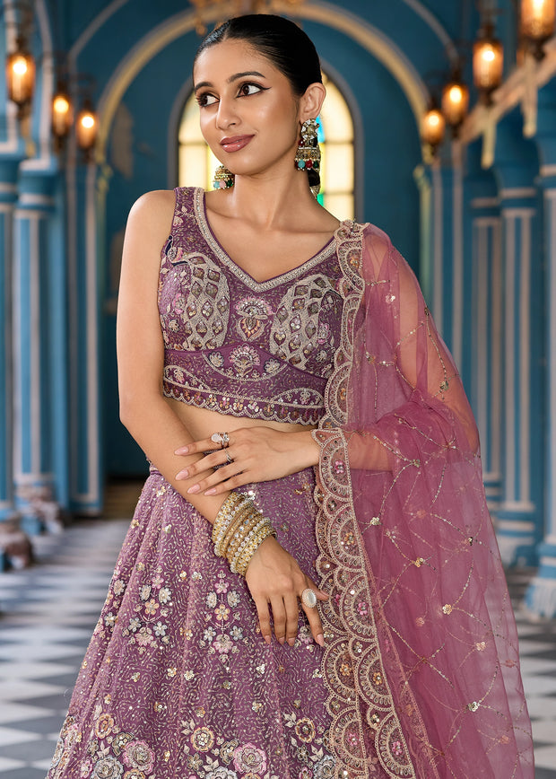 Beige Embroidered Net Lehenga