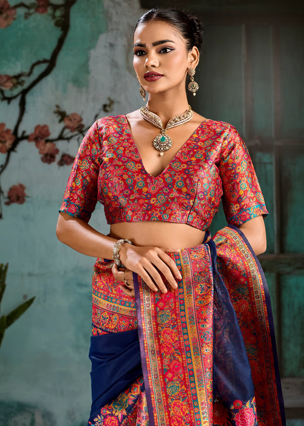 Navy Blue Woven Cotton Kashmiri Jamewar Saree