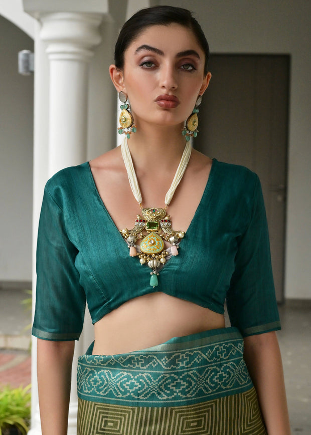 Green & Blue Printed Tussar SIlk Saree
