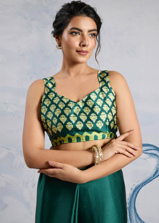 Cadmium Green Satin Silk Saree with Ajrakh Printed Pallu and Blouse