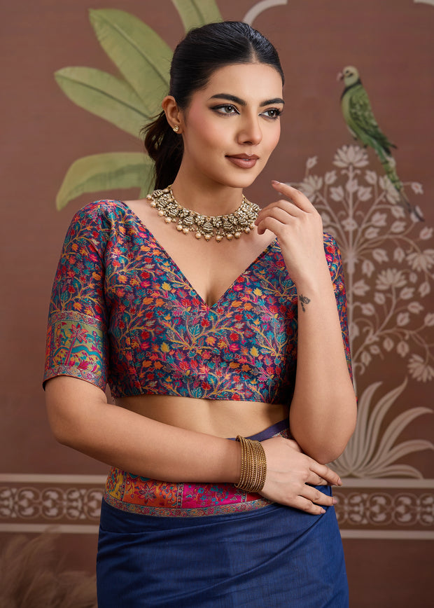 Midnight Blue Woven Cotton Kashmiri Jamewar Saree
