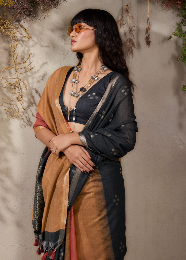 Black And Yellow Woven Cotton Silk Saree