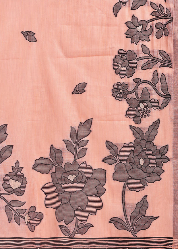 Salmon Peach Woven Cotton Linen Silk Saree