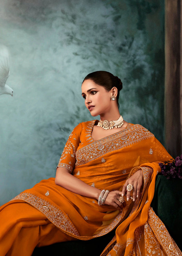 Poppy Orange Embroidered Designer Saree