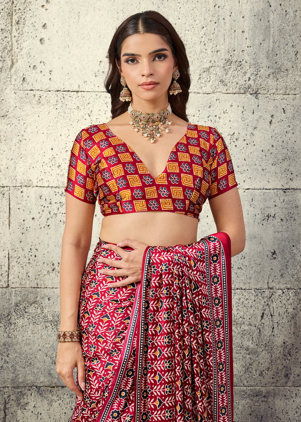 Red Printed Satin Silk Saree
