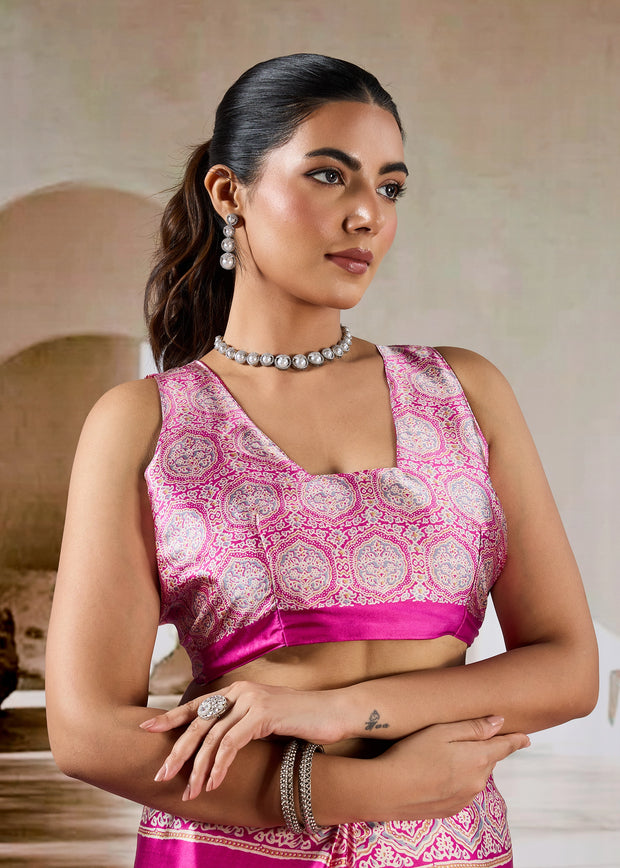 Princess Pink Printed Satin Silk Saree