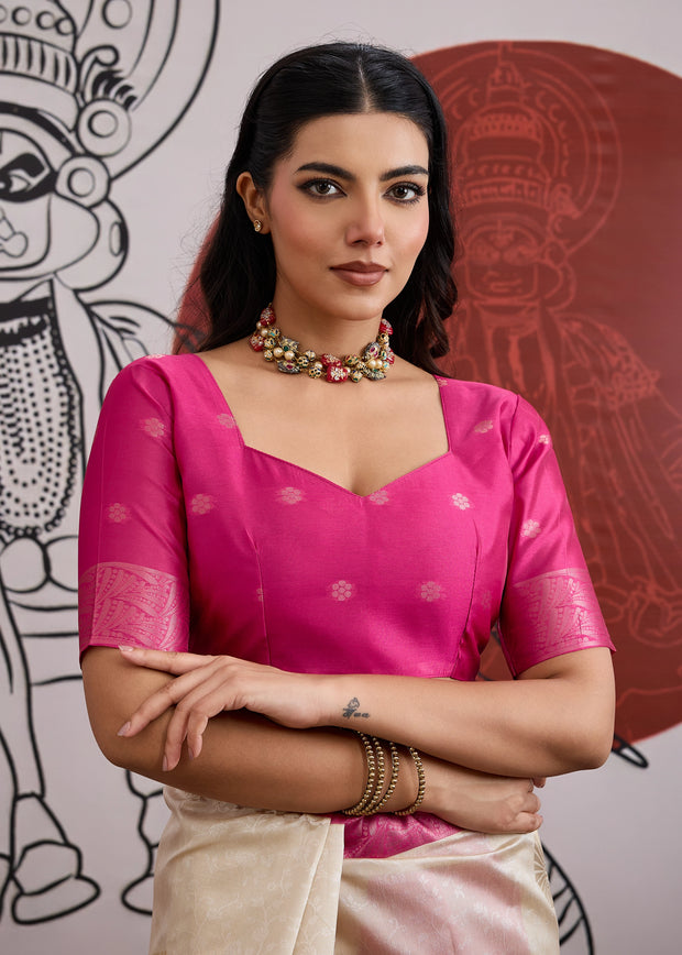 Pink Border Ivory Woven Banarasi Silk Saree