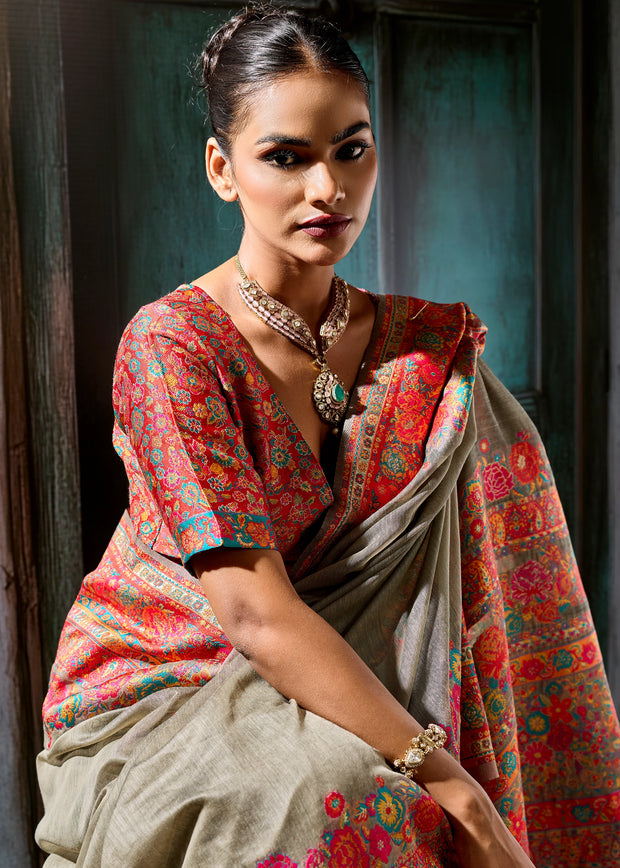Grey Woven Cotton Kashmiri Jamewar Saree