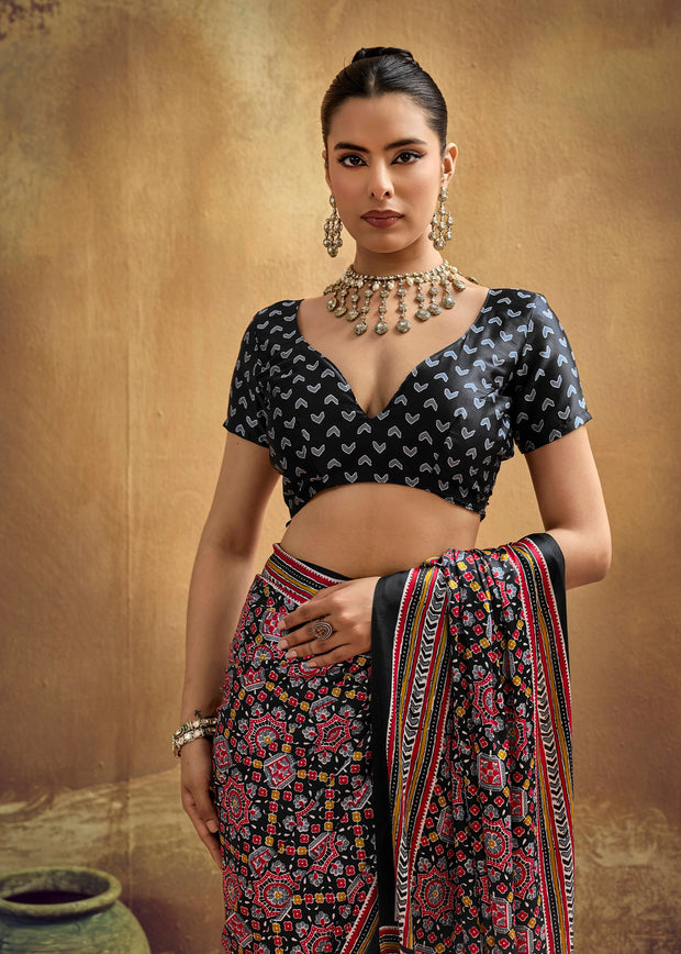 Black Printed Satin Silk Saree