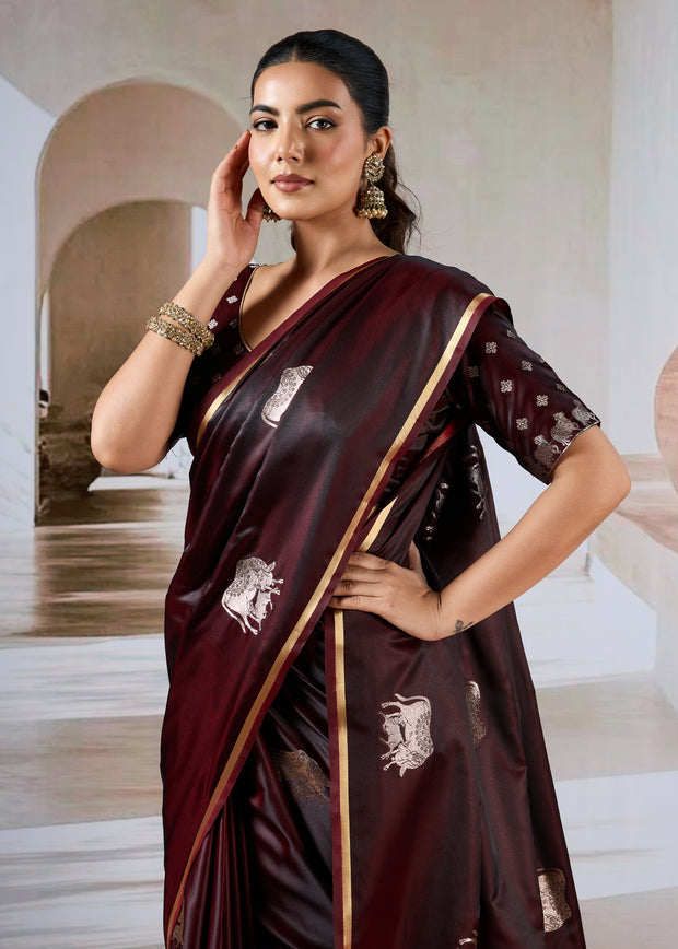 Chocolate Brown Banarasi Satin Silk Saree