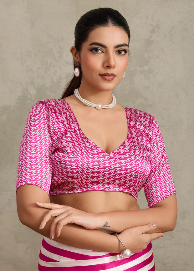 Blush Pink Printed Satin Silk Saree