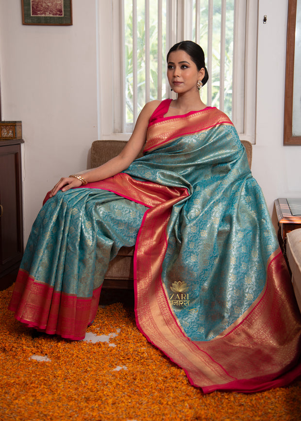 Bhavya blue and pink Kanjivaram silk saree with all-over floral zari jaal