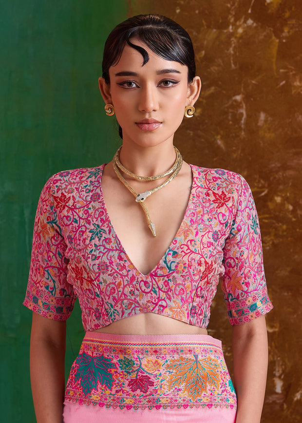 Powder Pink Woven Cotton Kashmiri Jamewar Saree