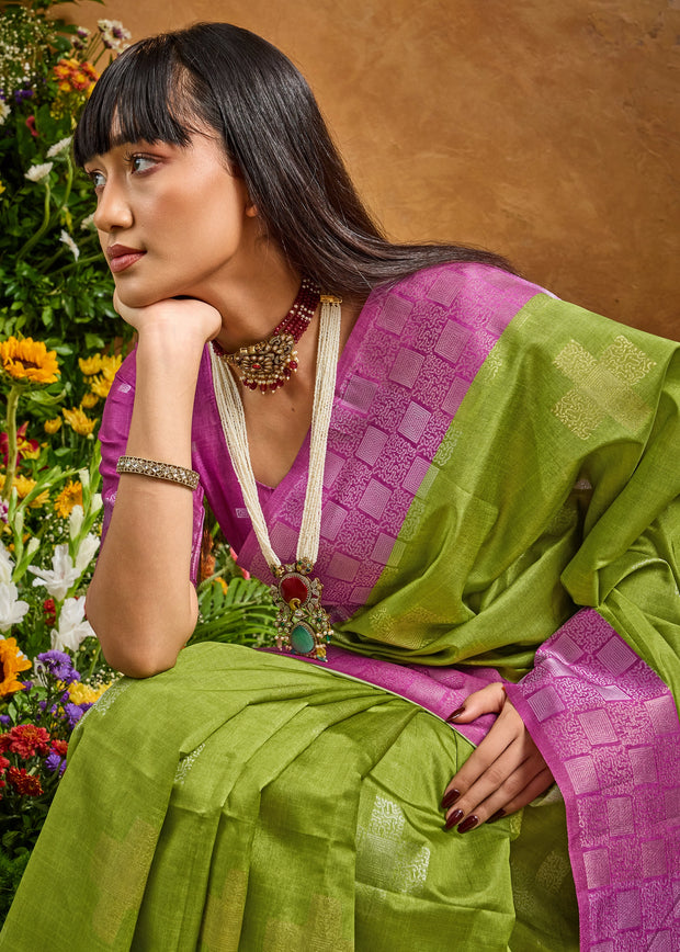 Grass Green Woven Cotton Silk Saree