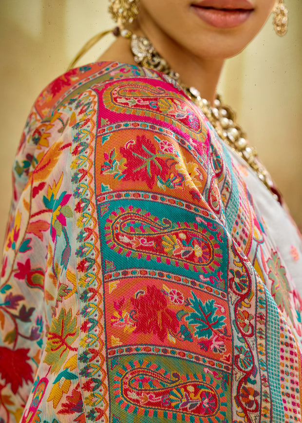 White Woven Cotton Kashmiri Jamewar Saree
