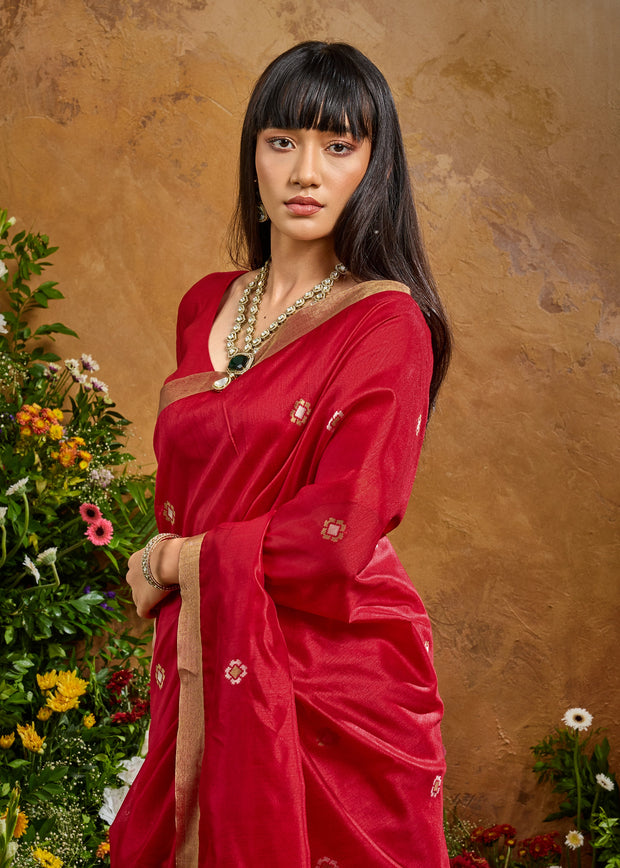 Ruby Red Woven Banarasi Silk Saree