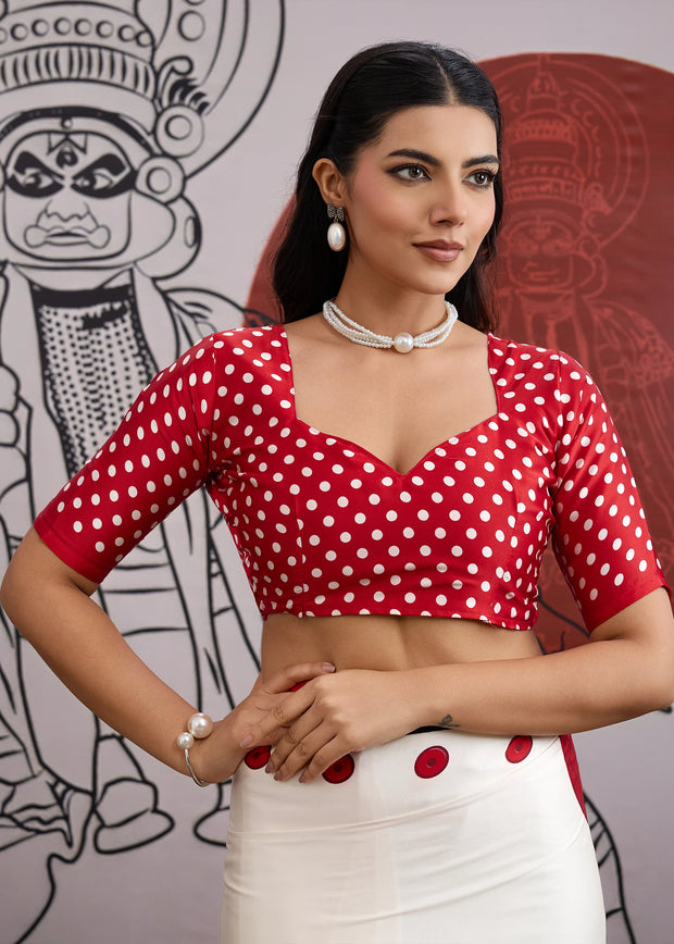 Red And White Printed Satin Silk Saree