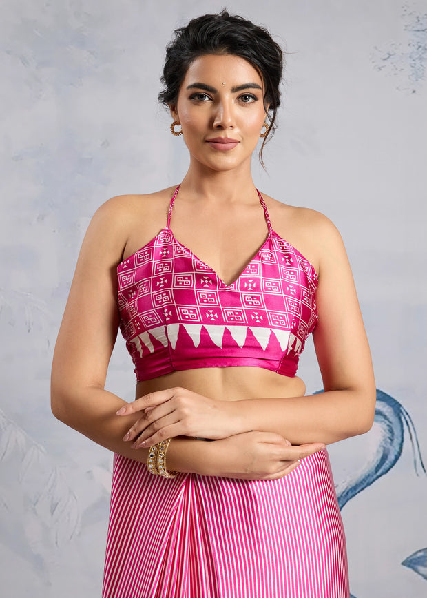 Fuchsia Pink Printed Satin Silk Saree