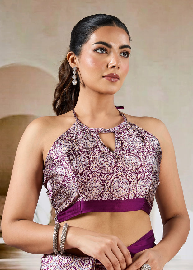 Wine Purple Printed Satin Silk Saree