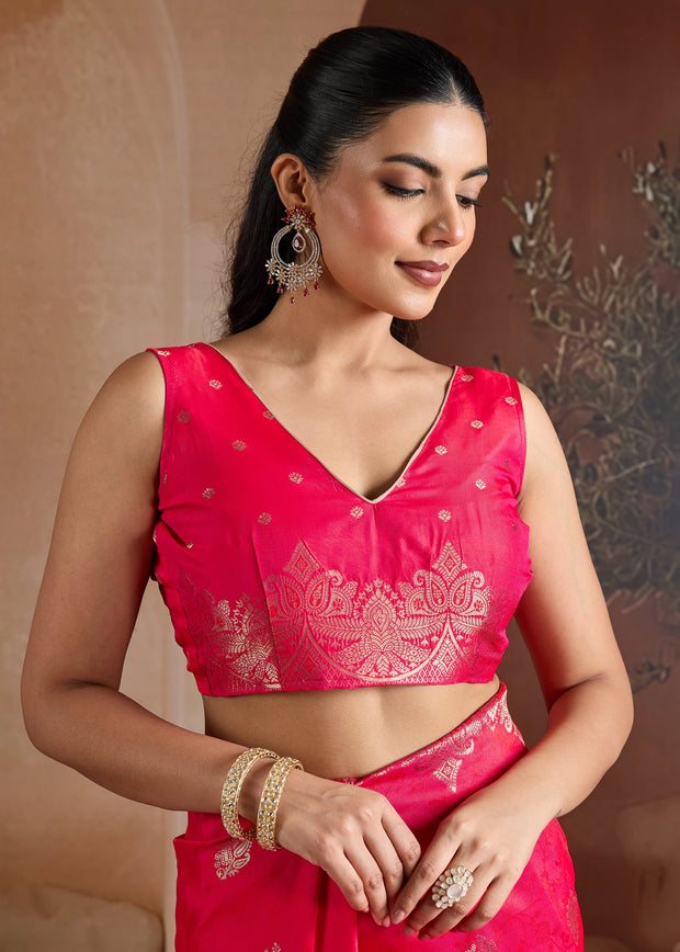 Hot Pink Woven Banarasi Silk Saree