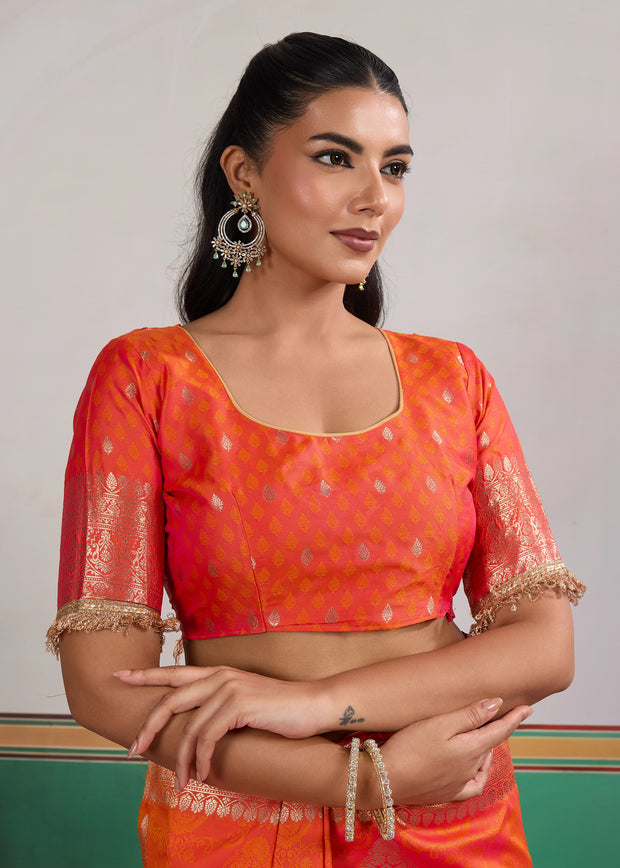 Peel Orange Woven Banarasi Satin Silk Saree