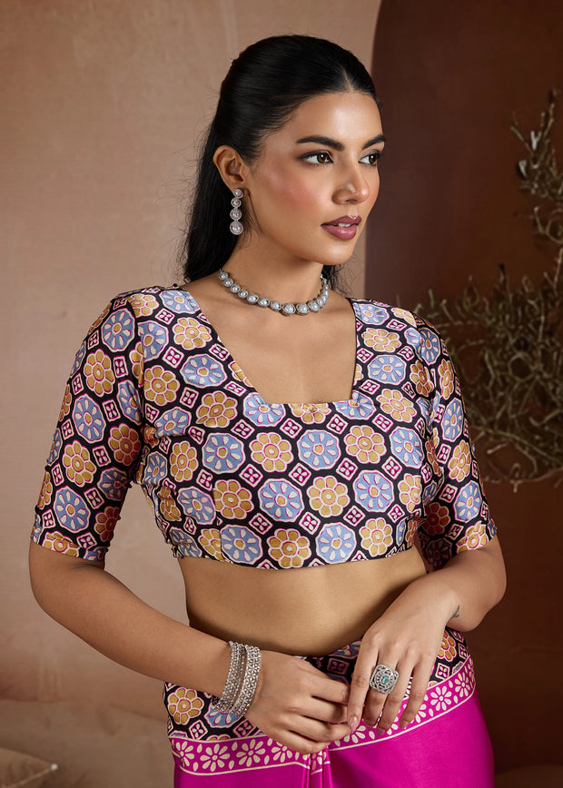 Rani Pink Printed Satin Silk Saree