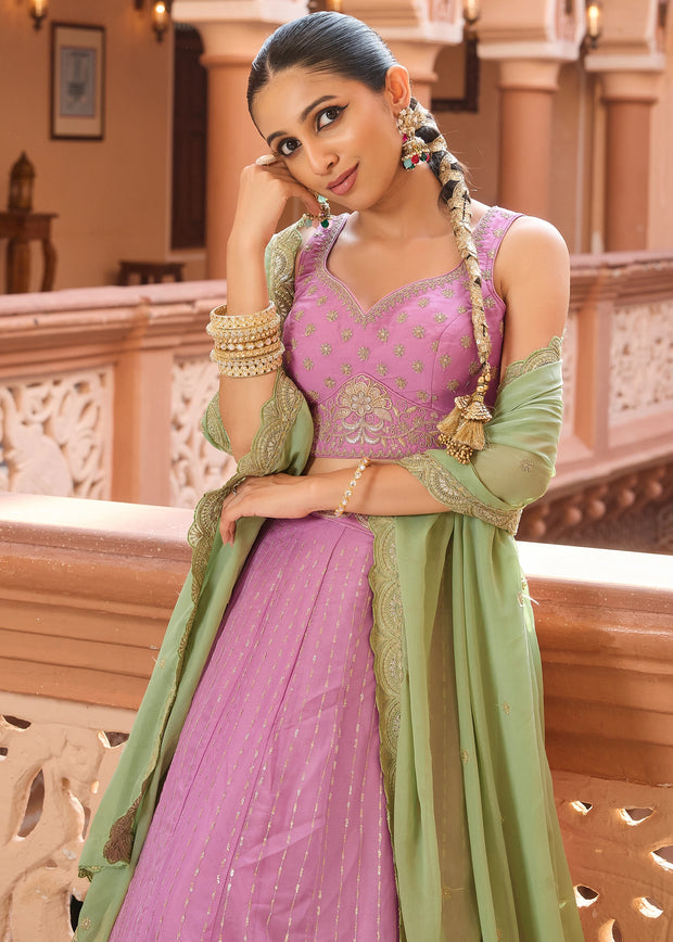 Pink Tissue Embroidered Semi-Stitched Lehenga