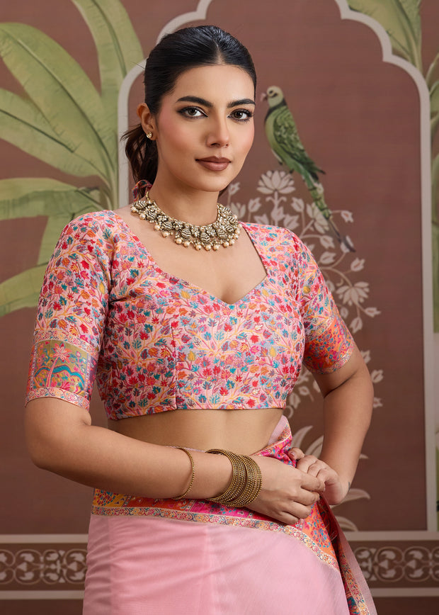 Blush Pink Woven Cotton Kashmiri Jamewar Saree