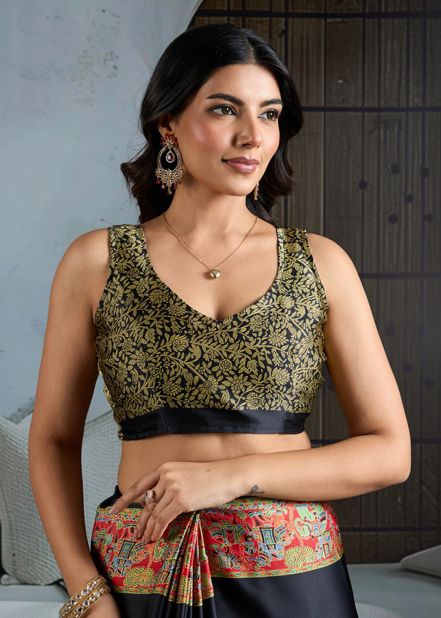 Jet Black Printed Satin Silk Saree