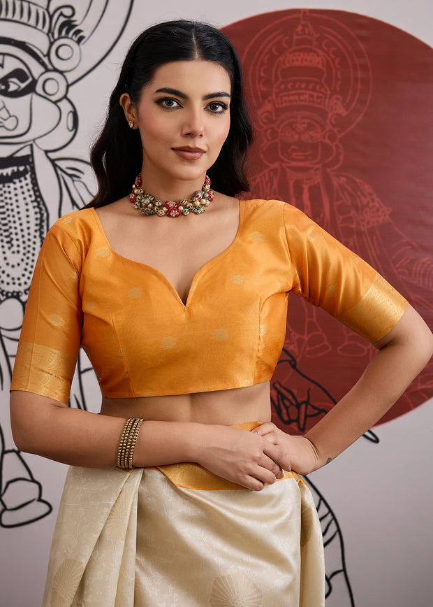 Mustard Border Ivory Woven Banarasi Silk Saree