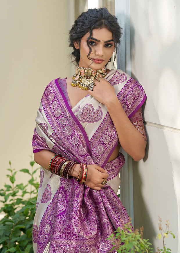 White And Purple Woven Banarasi Silk Saree