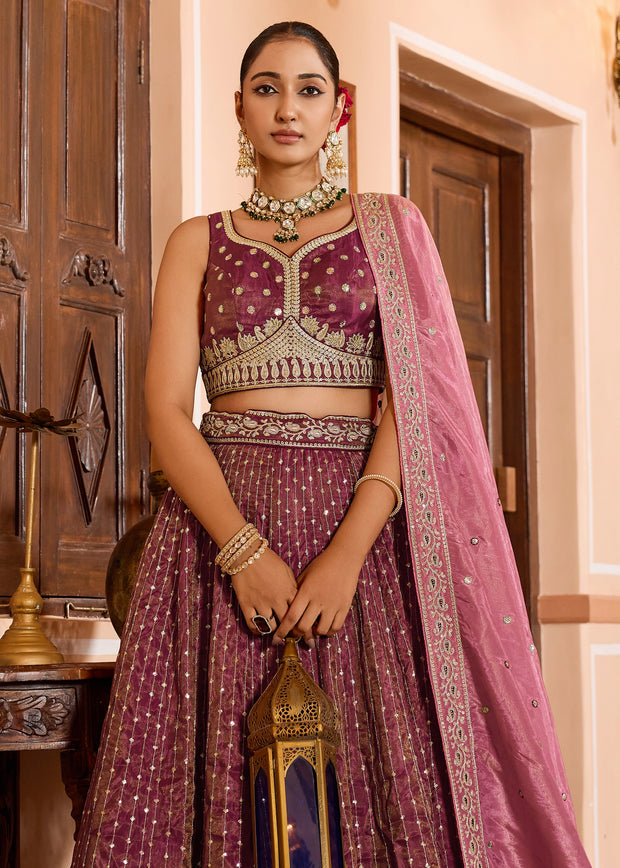 Dry Pink Rose Tissue Silk Embroidered Lehenga