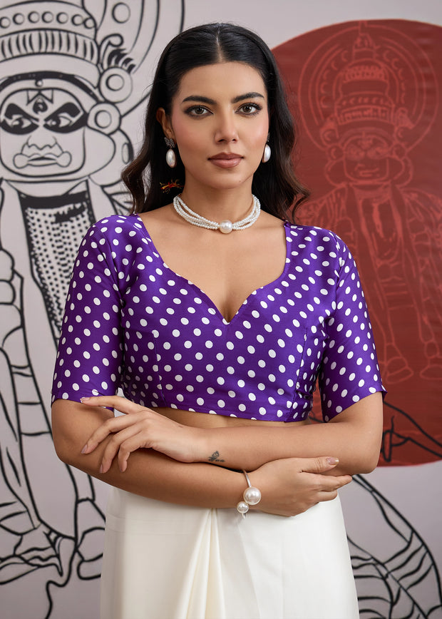Purple And White Printed Satin Silk Saree