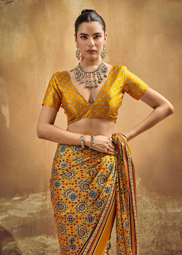 Golden Yellow Printed Satin Silk Saree