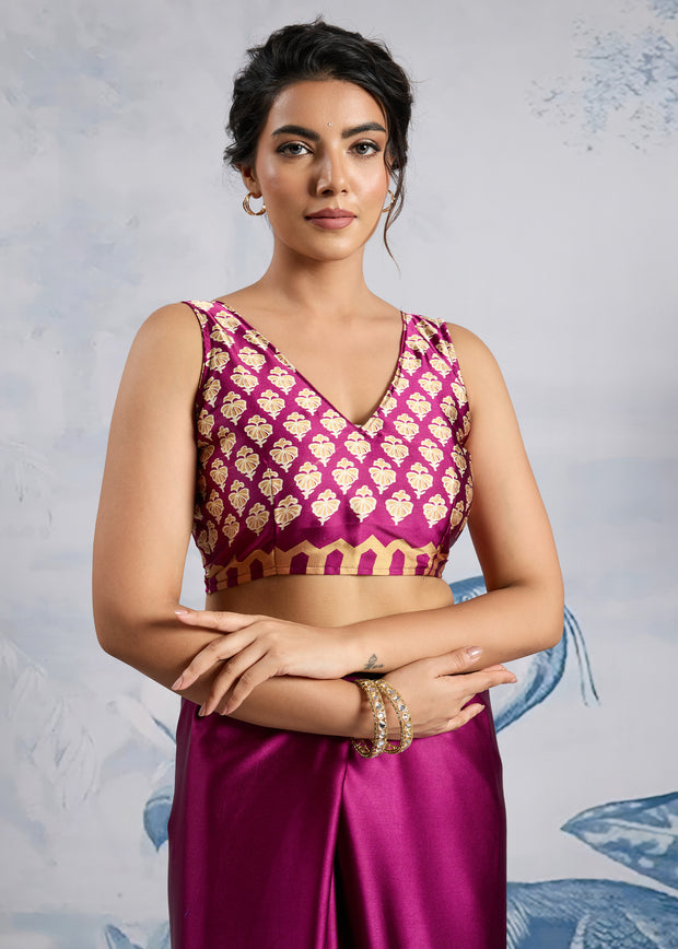 Fuchsia Purple Satin Silk Saree with Ajrakh Printed Pallu and Blouse