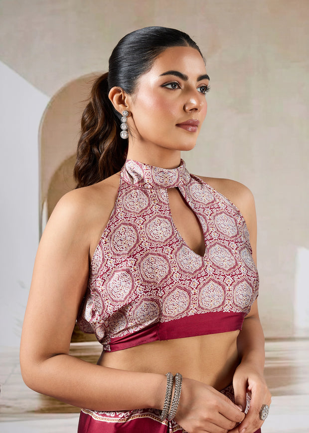 Rich Red Printed Satin Silk Saree