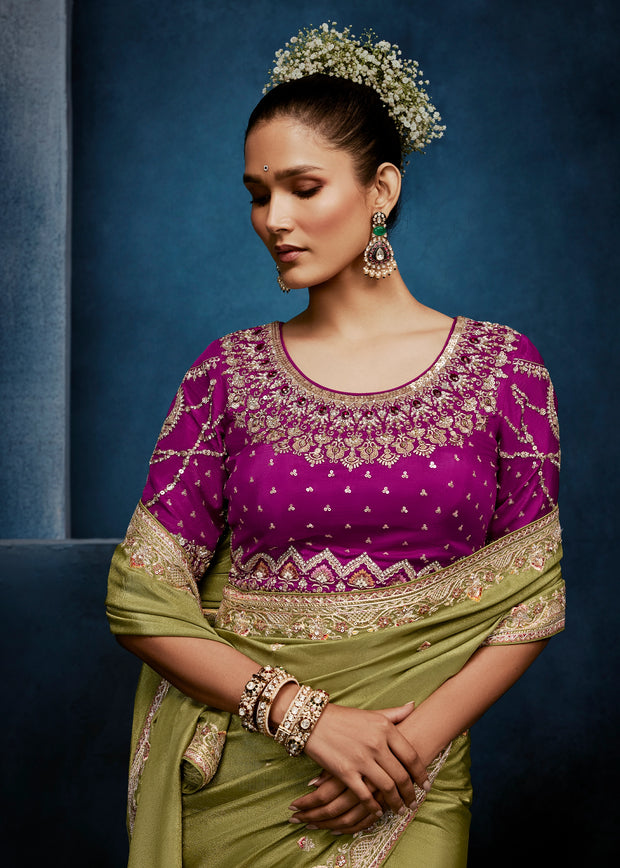 Mist Olive Embroidered Designer Tissue Saree