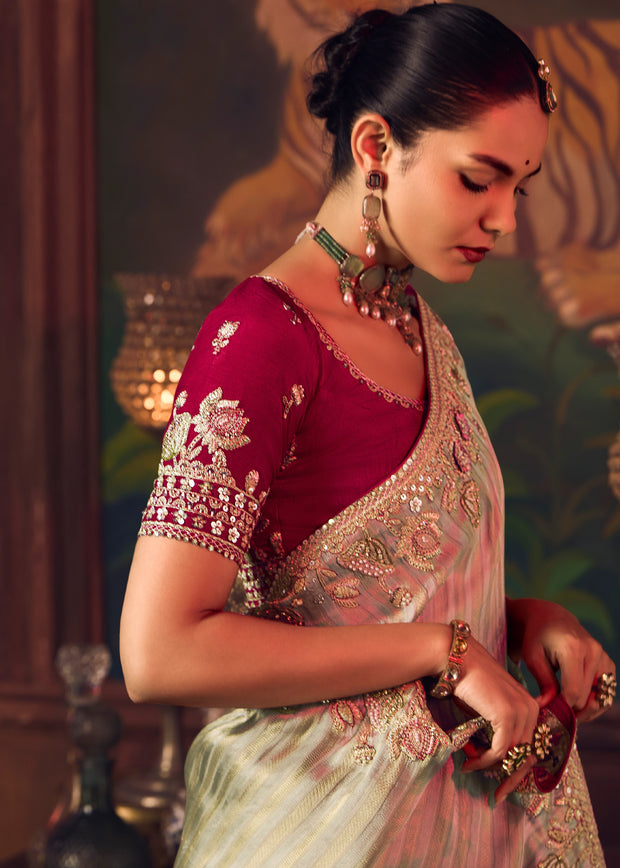 Mist Green Designer Embroidered Saree