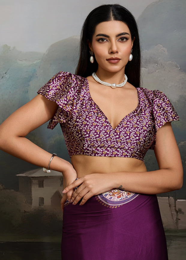 Wine Purple Printed Satin Silk Saree