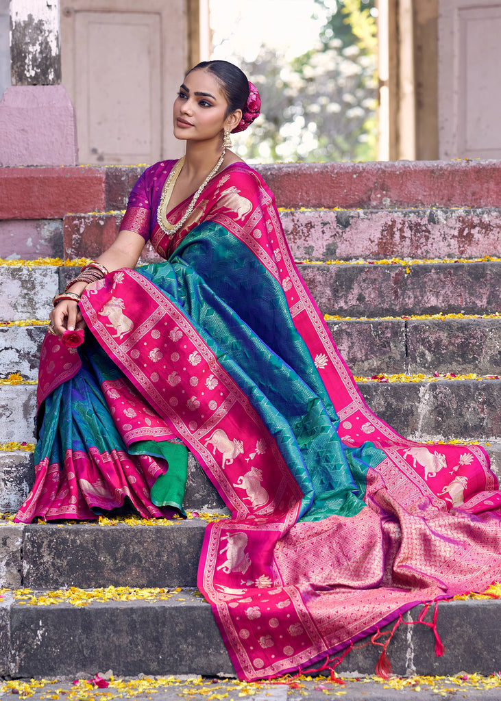 Blue And Pink Woven Banarasi Silk Saree