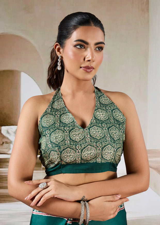 Antique Green Printed Satin Silk Saree