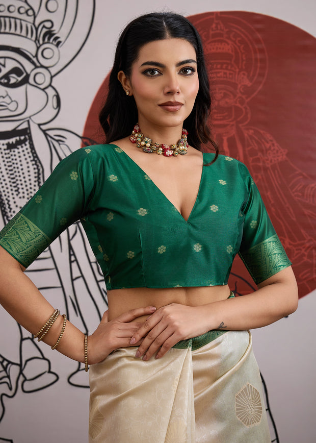 Green Border Ivory Woven Banarasi Silk Saree