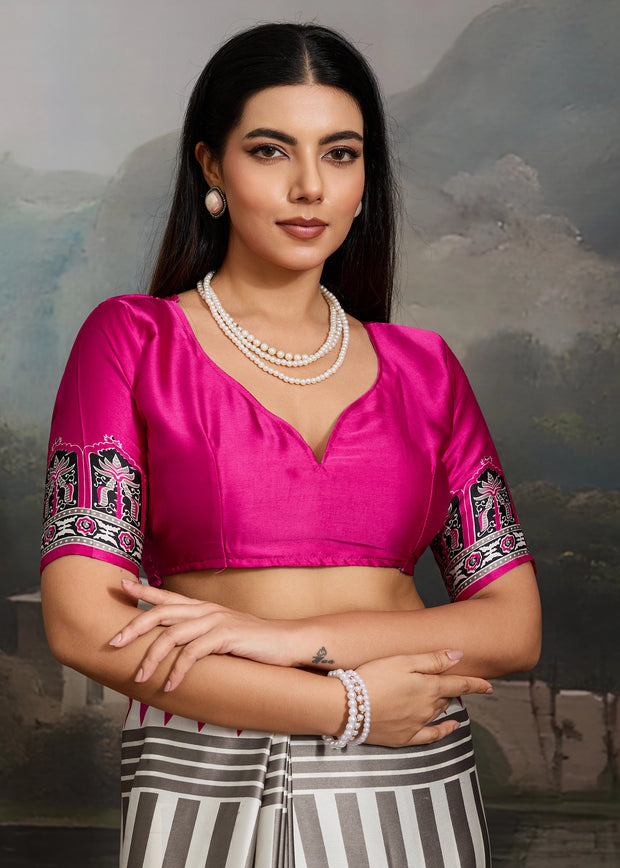 Hot Pink And White Printed Satin Silk Saree