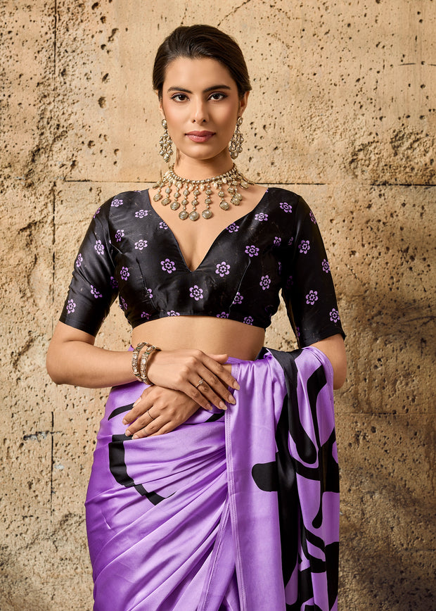 Lavender Purple Printed Satin Silk Saree