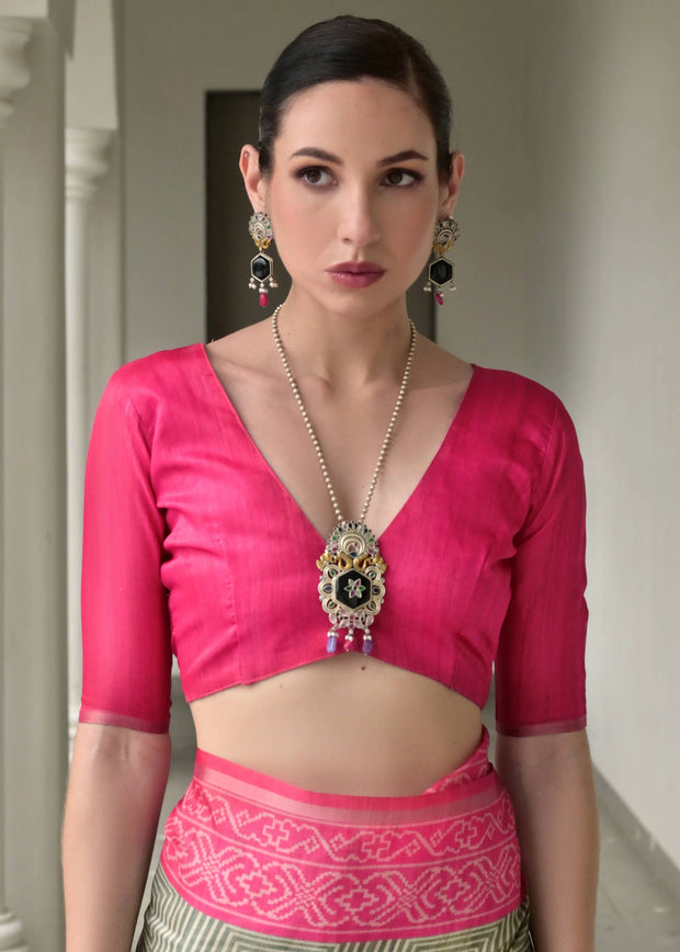 Dusty Green & Pink Printed Tussar SIlk Saree