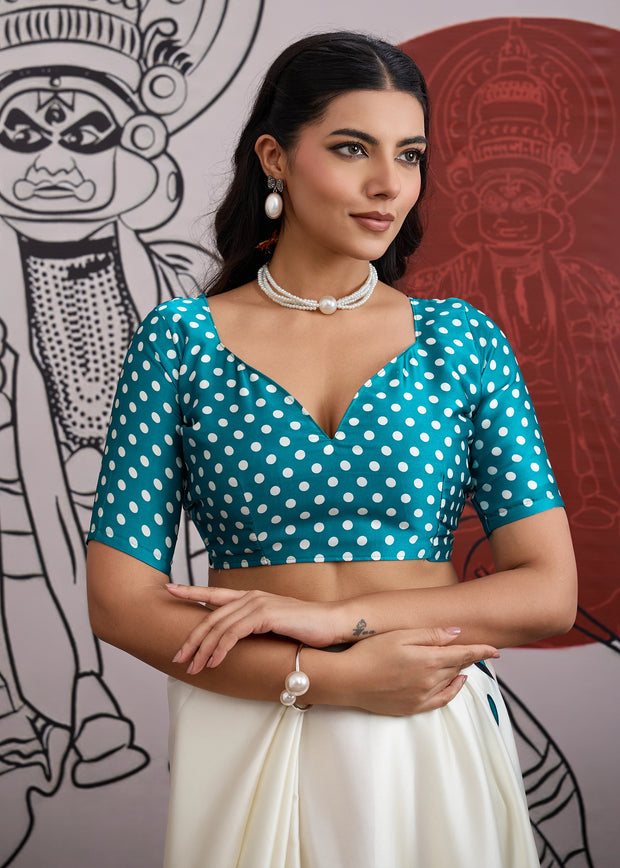 Teal Blue Printed Satin Silk Saree